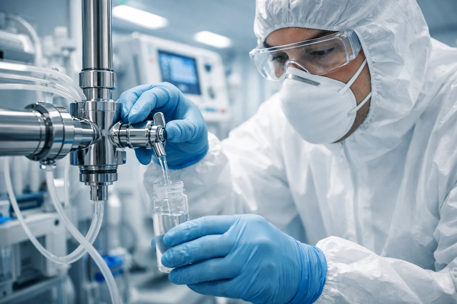 Técnico de laboratório coletando amostra para análise de água em clínica de hemodiálise conforme RDC 11.