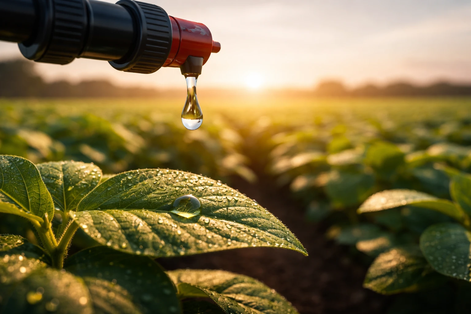 Close de irrigação por gotejamento em plantação saudável ressaltando a importância da análise da água.