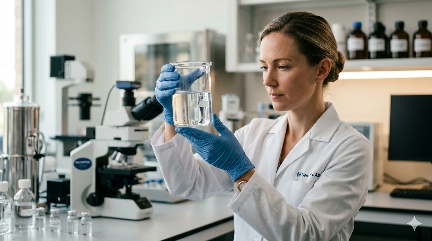 Especialista em laboratório realizando comparação entre análise físico-química e microbiológica de água.